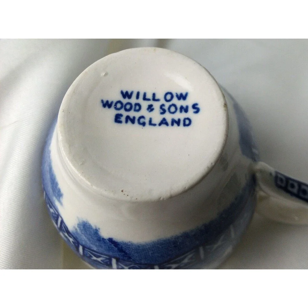 WOOD & SONS ENGLAND BLUE WILLOW TEACUP & SAUCER SET OF 8